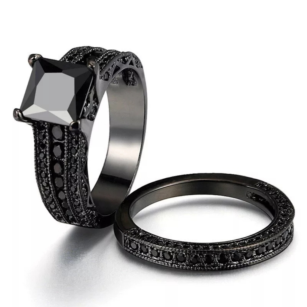 New Black Sapphire Princess Cut Double Band Ring - Picture 5 of 6